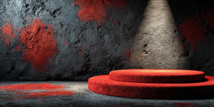 Circular red platform illuminated in a dimly lit room with textured walls showcasing a modern art aesthetic photo