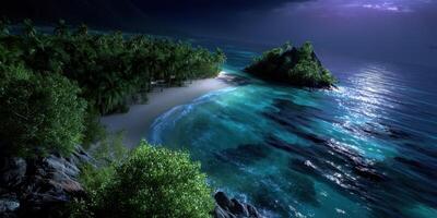 Breathtaking tropical landscape under moonlight with serene beach and lush palm trees photo