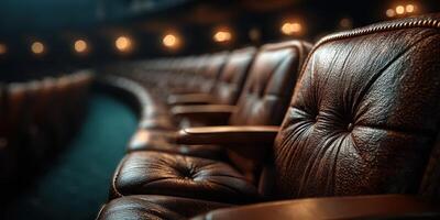 Leather theater seats arranged in a semi-circle capturing the ambiance of a performance venue during evening hours photo