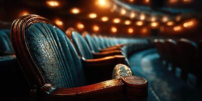 Wooden theater seats await audience in a softly lit performance hall during an evening event photo