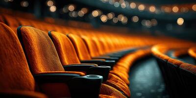 Empty theater seats create a warm and inviting atmosphere in the evening performance space photo