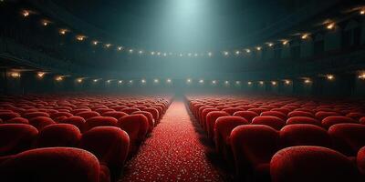 Empty theater with red velvet chairs and dim spotlight highlighting the stage during a quiet evening performance photo
