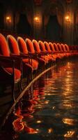 Elegant red chairs illuminate in a reflective hall filled with water during a quiet evening photo