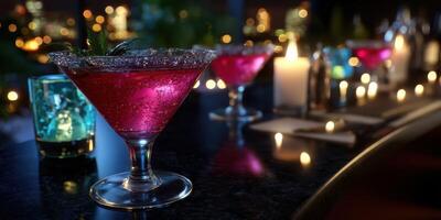 Colorful cocktails brighten a stylish bar at night while city lights twinkle in the background photo