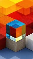 Colorful geometric shapes form an abstract arrangement with a focus on a transparent cube in a vibrant composition photo