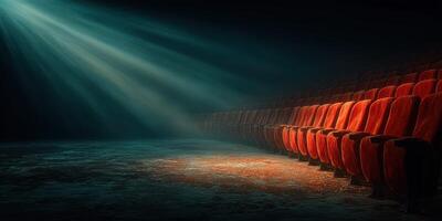 Empty theater seats illuminated by soft light create a serene atmosphere before the show begins in the evening photo
