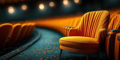 Empty orange chair in a dim theater with blurred lights in the background at night photo