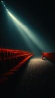 Cinematic atmosphere in a dimly lit theater with glowing red seats and beams of light cutting through the darkness photo