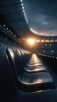 Empty stadium seats reflect sunset light illuminating the sporting arena during a rainy evening photo
