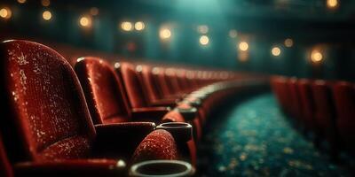 Empty red theater seats in a dimly lit auditorium create an inviting atmosphere for an upcoming performance photo