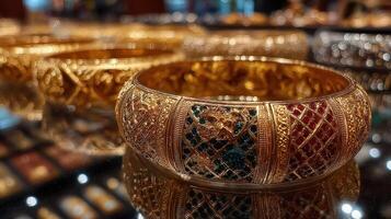 Intricate gold bangles displayed at an artisan market showcasing exceptional craftsmanship and vibrant gemstones in the late afternoon light photo