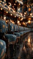 Elegant blue chairs line the aisle of a historic theater illuminated by warm lighting during an evening performance photo