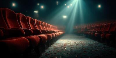Rows of empty red theater seats illuminated by soft light create a haunting yet beautiful atmosphere photo