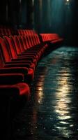 Rows of red velvet seats reflect light in an empty theater during the evening hours photo
