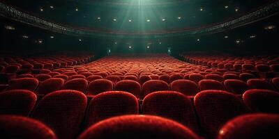 Rows of red velvet seats illuminate under soft spotlight in an empty theater before a performance begins photo