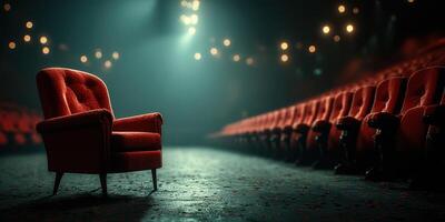 Empty red retro chair in a dimly lit theater with rows of seats in the background photo