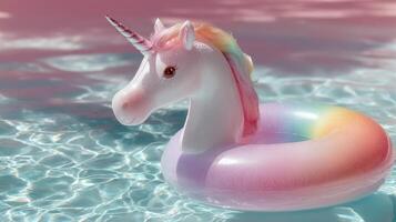 Colorful unicorn floatie in a sparkling pool on a bright sunny day, perfect for summer fun and relaxation photo