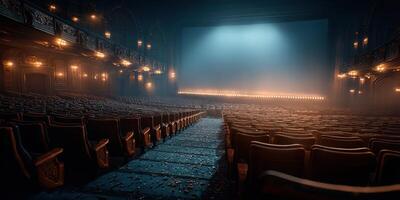 Elegant historic theater interior with empty seats and dramatic lighting before a performance begins photo