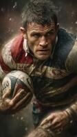 Rugby player navigating a muddy field while preparing for a crucial play during an intense match photo