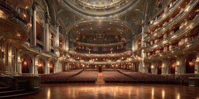 Elegant interior of a grand theater showcasing ornate architecture and a vast seating arrangement before a performance photo