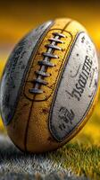 Vintage rugby ball resting on a grassy field in soft evening light during a training session photo