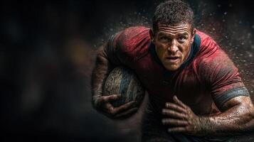 Rugby player in action during match, showcasing intensity and determination on muddy field photo