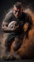Dynamic rugby player sprinting through dust and debris during a dramatic match in a stadium setting photo