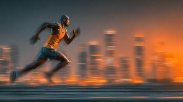 Running at dusk through a city, a man showcases speed against a vibrant urban skyline photo