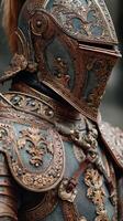 Intricately detailed knight armor in an ancient style displayed in historical re-enactment setting at a medieval festival photo