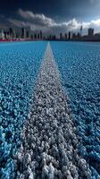 Racing track with a vibrant blue surface against a city skyline under a dramatic sky photo
