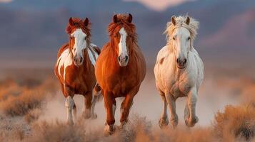 Majestic horses galloping across a dusty landscape during sunset in the wild photo