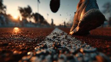 Running on an outdoor track during sunset with radiant orange and blue hues creating a dynamic atmosphere photo