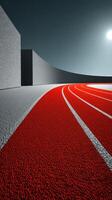 Red athletic track with geometric architecture under a clear blue sky at midday showcases vibrant colors and modern design photo
