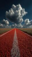Vibrant red pathway stretches through golden fields under dramatic clouds in a clear blue sky photo