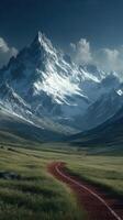 Majestic mountains tower over a winding dirt road through a lush green valley under a dramatic sky photo