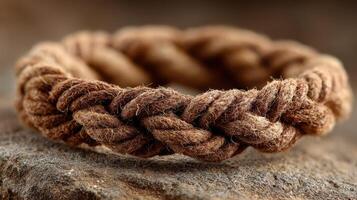 Brown braided bracelet made from natural fibers resting on a rough stone surface in soft lighting photo