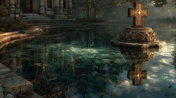 Mysterious waterfront at an ancient temple with a decorative cross in early morning light photo