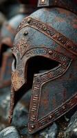 Ancient warrior helmets displayed in a historical exhibit showcasing battle armor and craftsmanship photo