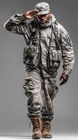 Military soldier in camouflage uniform performing a salute indoors under dramatic lighting conditions photo