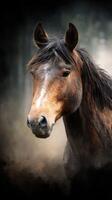 Majestic brown horse standing proudly in a misty forest setting during the calm of early morning light photo