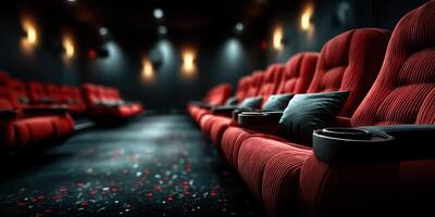 Cozy red theater seats ready for a movie experience at a modern cinema location in the evening photo