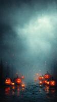 Pumpkin lanterns illuminate a misty path during Halloween night celebration with haunting atmosphere photo