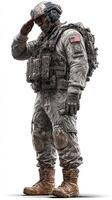 Soldier in tactical gear saluting at military base during daylight hours with a serious expression and detailed uniform photo