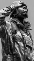 Soldier saluting in the rain during a military ceremony in an outdoor setting photo