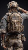 Soldier in tactical gear saluting with American flag patch during military training in a dim environment photo