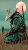 Warrior in contemplative pose under a large moonrise in a tranquil field at dusk photo