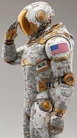 Futuristic robot performing a salute in a detailed military space suit with American symbolism photo