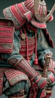 Intricate samurai armor displayed with focus on craftsmanship and historical significance in a dedicated showcase photo