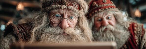 Two Santa Clauses observe a glowing tablet in a cozy, festive cabin during the holiday season photo