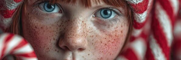 Close-up of a child with blue eyes and freckles, wearing festive red and white hat, during winter celebration with sweet treats photo
